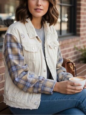 POL Plaid Distressed Denim Jacket Off-White Tan Large Boho Thrashed Shacket L